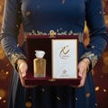 Gulf Orchid Sham Perfume Woman Gulf Orchid – Her 100 ml, dipamerkan dalam kotak hadiah baldu terbuka bersama kad putih memaparkan logo "SHAM".