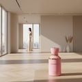 Gulf Orchid Sunset Kiss 100ml EDP Woman — Pink perfume bottle with gold accents on a wooden surface, with a woman in a white dress in the background near large windows.