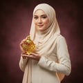 Khadlaj Hareem Al Sultan Gold by Khadlaj 35ml — Woman in a beige hijab holding a decorative gold perfume bottle with red gems