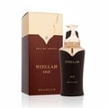 Khadlaj Stellar Oud by Khadlaj 100ml EDP Man — Botol minyak wangi coklat gelap dengan penutup dan perincian emas, berdiri di sebelah kotak sepadan berwarna coklat gelap dan emas, berlatar belakang putih.