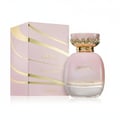 Khadlaj La Fede Elegant Crisp Flower 100ml EDP — Pink perfume bottle with gold ornate cap next to its matching pink and gold striped box.
