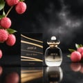 Khadlaj La Fede Elegant Kiss of Rose 100ml EDP — Black box with gold accents and a clear perfume bottle with a gold ornate cap, surrounded by lychee fruits on a dark reflective surface.