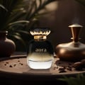 Khadlaj La Fede Elegant Kiss of Rose 100ml EDP — A black and gold gradient perfume bottle with 'aura' and 'Kiss of Rose' text, placed on a wooden tray with nuts and scattered spices, with blurred vases and a golden diffuser in the background.