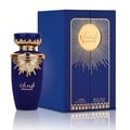 Lattafa Emaan — Blue perfume bottle with gold accents next to a matching blue box with gold sunburst design