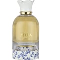 Lattafa Lattafa Petra Eau De Parfum 100 ml Unisex — Botol minyak wangi kaca jernih dengan perincian emas dan penutup berbentuk bunga putih, berisi cecair keemasan. Bahagian tapak mempunyai bahagian silinder putih dengan corak bunga biru.