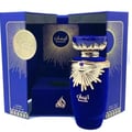 Lattafa Emaan by Lattafa 100ml EDP Perfume Unisex — Blue velvet bottle with gold sunburst design, in an open blue box with