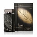 Lattafa Najdia Tribute by Lattafa 100ml EDP — Black perfume bottle with silver leaf design and ornate cap next to its black and gold leaf patterned box.
