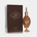 Lattafa Afaq Gold EDP 100 ml Unisex — Wooden textured perfume bottle and matching box with gold accents on a white background