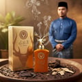 Lattafa Al Noble Wazeer — Gold box and orange bottle with deer head cap, smoke, and wood chips on a tray.