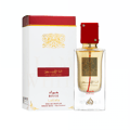 Lattafa Ana Abiyedh Rouge — White box with red top and gold design next to a clear glass perfume bottle with red cap and