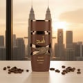 Lattafa Asad Bourbon Lattafa 100ml for Men — Brown perfume bottle with gold accents and Arabic script, set against a blurred city skyline at sunset, with coffee beans scattered on a wooden surface.