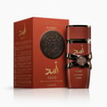 Lattafa Asad Bourbon Lattafa 100ml for Men — A red Lattafa Asad Bourbon fragrance box and bottle set against a white background, with the bottle featuring gold accents and Arabic script.