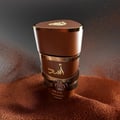 Lattafa Asad Bourbon — Brown perfume bottle with gold accents sits on a dumbbell rack in a gym.