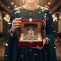 Lattafa Atheeri — Woman in green dress opens red velvet box revealing perfume with bee emblem and honeycomb pattern.