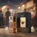 Lattafa Atheeri – Perfume bottle and box with bee and honeycomb design on wooden table, blurred market background