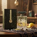 Lattafa Atlas by Lattafa EDP 55 ml Men — Perfume bottle with lemons, salt, and dried flowers on a patterned cloth.