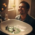 Lattafa Atlas by Lattafa EDP 55 ml Men — Man smiling with eyes closed over a broken perfume bottle in a sink.