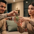 Lattafa Atlas by Lattafa EDP 55 ml Men — Man and woman hands holding a clear perfume bottle with gold accents and green