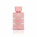 Lattafa Badee Al Oud Noble Blush — Pink perfume bottle with ornate silver geometric label and pink cap, isolated on white.