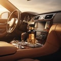 Lattafa Awraq Al Oud — Perfume bottle on car dashboard with sunglasses and steering wheel