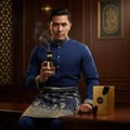 Lattafa Awraq Al Oud by Lattafa 100ml Man — Man in blue traditional attire holds a smoking perfume bottle next to its gold