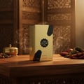 Lattafa Awraq Al Oud — Gold perfume box with Arabic script, surrounded by smoke on a wooden table with brass pot and spices