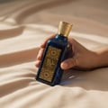 Lattafa Azeezah — Hand holding a blue glass perfume bottle with a gold cap and ornate gold label on a textured beige fabric.