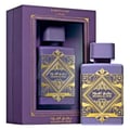 Lattafa Badee Al Oud Amethyst — Purple gift box with gold trim holding a purple perfume bottle, another bottle beside it.