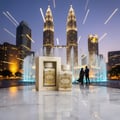 Lattafa Badee Al Oud Honor Glory — Two perfume bottles and box in front of illuminated fountains and skyscrapers at dusk.