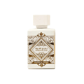 Lattafa Badee Al Oud Honor Glory — White perfume bottle with gold geometric design and Arabic script on a white background