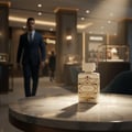 Lattafa Badee Al Oud Honor Glory — White perfume bottle with gold design on marble table, man in suit walking in background