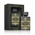 Lattafa Badee Al Oud by Lattafa Oud for Glory — Black box with gold trim, two black perfume bottles with gold geometric