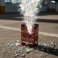 Lattafa Badee Al Oud Sublime — A red and gold perfume bottle with white flowers and smoke emerging from it, surrounded by