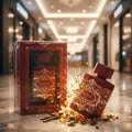 Lattafa Badee Al Oud Sublime — Red perfume box and bottle with gold accents, surrounded by amber crystals and vanilla pods.