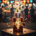 Lattafa Badee Al Oud Sublime — A shattered perfume bottle with pears, flowers, and berries emerging from smoke.