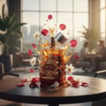 Lattafa Badee Al Oud Sublime — Perfume bottle with splashing liquid, rose petals, and white flowers on a wooden table.