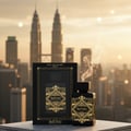 Lattafa Bade Al Oud Oud for Glory — Black perfume bottle and box with gold accents, smoke rising, city skyline background