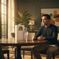 Lattafa Maahir Legacy by Lattafa 100ml EDP Man — Man sitting at a table with a Lattafa Maahir Legacy perfume bottle and its box