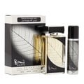 Lattafa Najdia — Perfume bottle and deodorant spray with a black box featuring a large silver and gold leaf design.