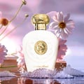 Lattafa Opulent Musk by Lattafa 100ml EDP Unisex — White perfume bottle with gold cap and emblem, surrounded by pink flowers and water splashes.