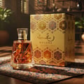 Lattafa Raghba by Lattafa 100ml EDP Unisex — Amber liquid in a faceted glass bottle with a gold cap, next to its ornate gold patterned box, placed on a patterned rug.