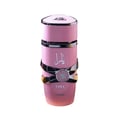 Yara by Lattafa 100ml EDP Women — Botol dan kotak minyak wangi merah jambu beraksen emas, berlatar langit senja dengan orkid dan mangga yang dipotong.