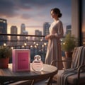 Lattafa Charm 100ml EDP for Women by LaMuse — Pink box and perfume bottle on a table, woman on balcony at dusk