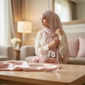 Lattafa Charm 100ml EDP for Women by LaMuse — A clear perfume bottle with pink liquid sits on a wooden table next to draped