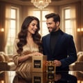 Lattafa Confidential Private Gold — Couple in formal wear smiling at a gold perfume box and bottle on a reflective surface.
