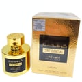 Lattafa Confidential Private Gold — Gold perfume bottle and matching textured gold box with black label, white background