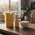 Lattafa Eclaire Banoffi — Gold perfume bottle and box next to a latte with art on a wooden table