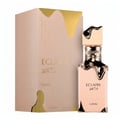 Lattafa Eclaire by Lattafa 100ml EDP Women — A light pink perfume bottle with a gold metallic wavy design and cap, next to