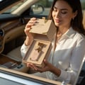 Lattafa Eclaire by Lattafa 100ml EDP Women — Woman in car opening gift box with rose gold perfume bottle inside