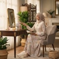 Lattafa Eclaire by Lattafa — Woman in hijab and floral dress sits by vanity, holding book, pointing at perfume bottle.